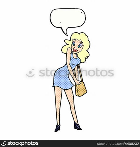 cartoon woman looking in handbag with speech bubble