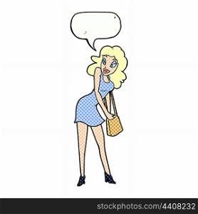 cartoon woman looking in handbag with speech bubble