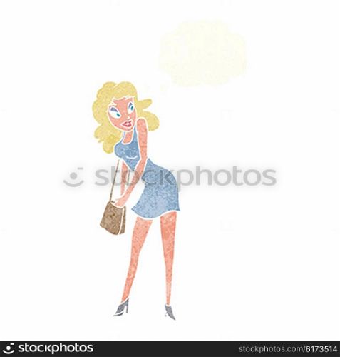 cartoon woman looking in handbag with thought bubble