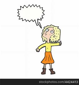 cartoon woman looking up to the sky with speech bubble