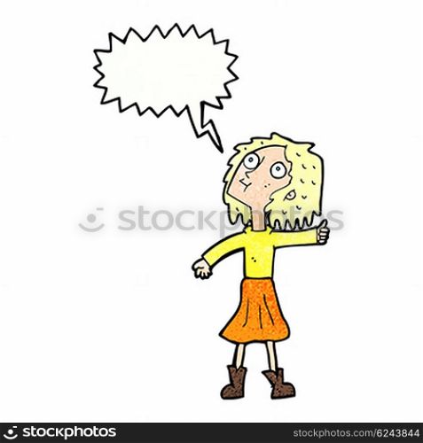 cartoon woman looking up to the sky with speech bubble
