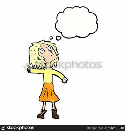 cartoon woman looking up to the sky with thought bubble