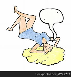 cartoon woman lying on floor with speech bubble