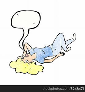 cartoon woman lying on floor with speech bubble