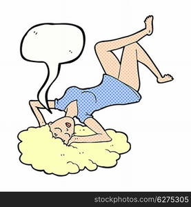 cartoon woman lying on floor with speech bubble