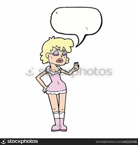 cartoon woman making dismissive gesture with speech bubble