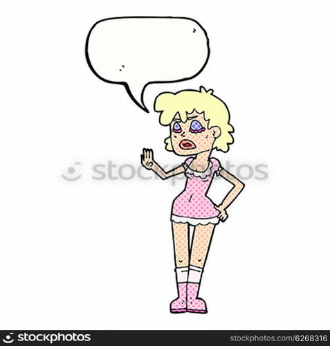 cartoon woman making dismissive gesture with speech bubble