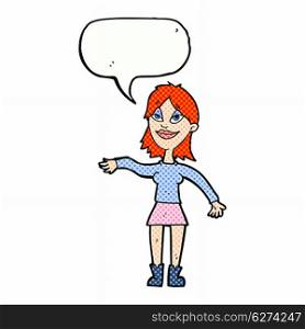 cartoon woman making hand gesture with speech bubble