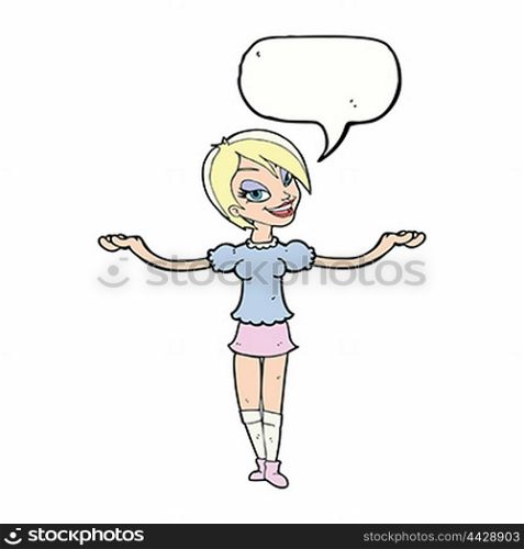 cartoon woman making open arm gesture with speech bubble