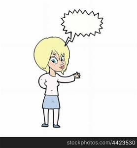 cartoon woman making welcome gesture with speech bubble