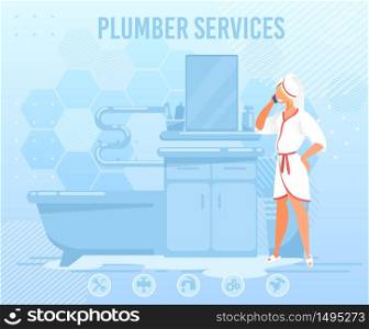 Cartoon Woman Mistress Character Wearing Bathrobe and Towel on Head Calling Plumber Service by Smartphone. Home Master Emergency Help Order. Flat Advertising Banner. Vector Illustration. Woman Calling Plumber Service Help Flat Banner