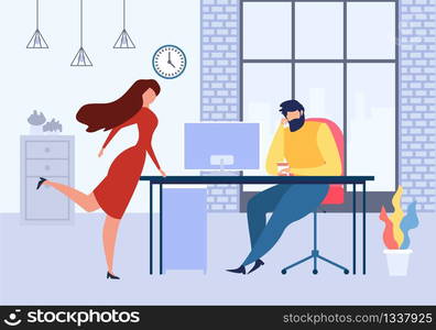 Cartoon Woman near Office Table Flirt with Man at Work Vector Illustration. Colleague Dating, Corporate Affair, Sexual Harassment, Boss Secretary Romantic Relationship, Male Female Romance Workplace. Cartoon Woman Office Table Flirt with Man at Work