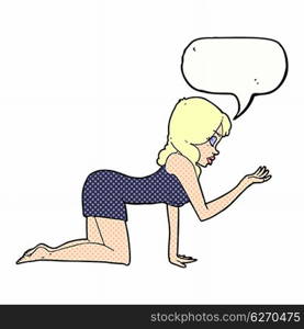 cartoon woman on all fours with speech bubble