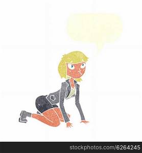 cartoon woman on hands and knees with speech bubble