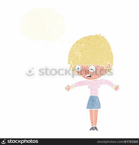 cartoon woman panicking with thought bubble