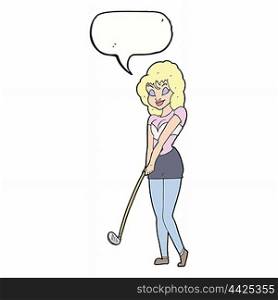 cartoon woman playing golf with speech bubble