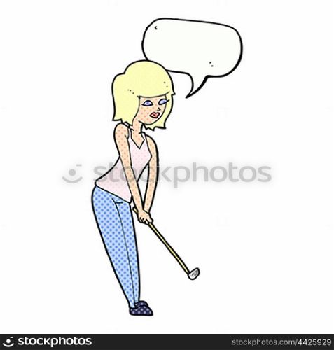 cartoon woman playing golf with speech bubble