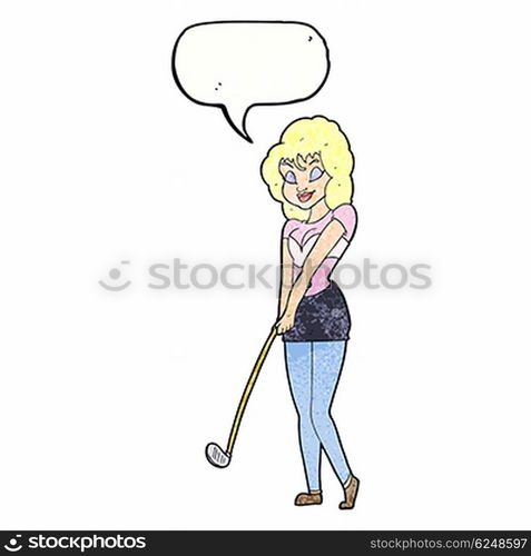 cartoon woman playing golf with speech bubble