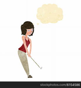 cartoon woman playing golf with thought bubble