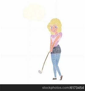 cartoon woman playing golf with thought bubble