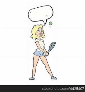 cartoon woman playing tennis with speech bubble