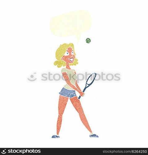 cartoon woman playing tennis with speech bubble