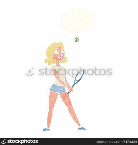 cartoon woman playing tennis with thought bubble