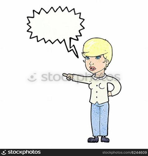 cartoon woman pointing finger of blame with speech bubble