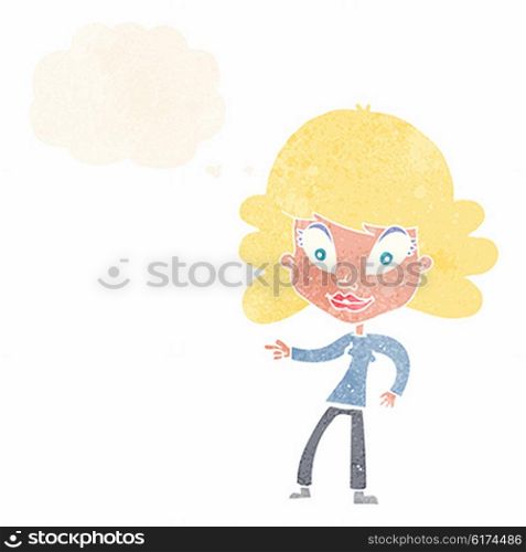 cartoon woman pointing with thought bubble