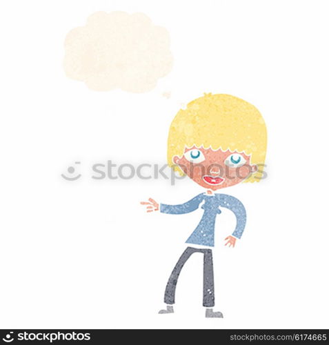 cartoon woman pointing with thought bubble