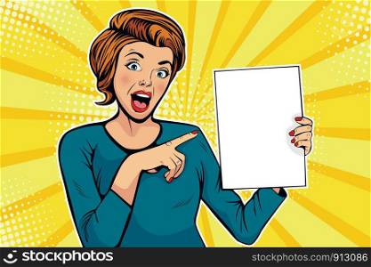 Cartoon woman points to a blank template. Vector illustration in pop art retro comic style. Advertising poster, flyer for sale, special offer, hot news.