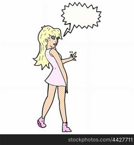 cartoon woman posing in dress with speech bubble