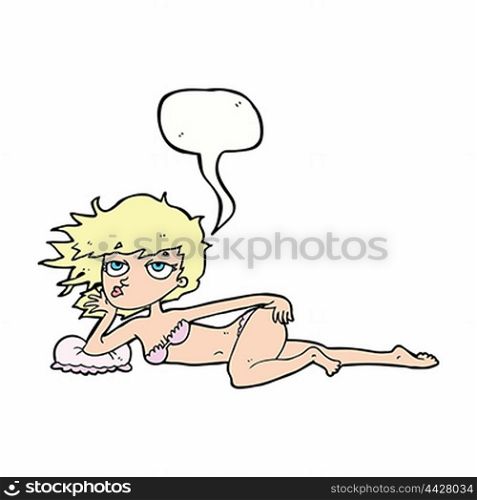 cartoon woman posing in underwear with speech bubble