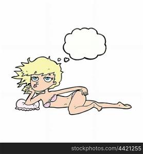 cartoon woman posing in underwear with thought bubble