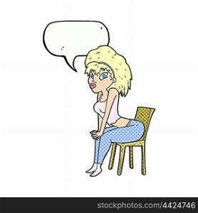 cartoon woman posing on chair with speech bubble