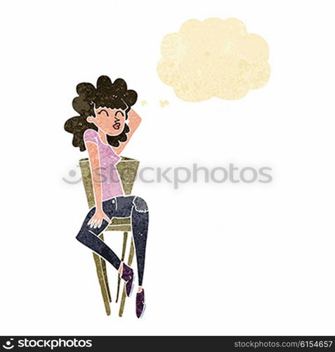 cartoon woman posing on chair with thought bubble