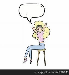 cartoon woman posing on stool with speech bubble