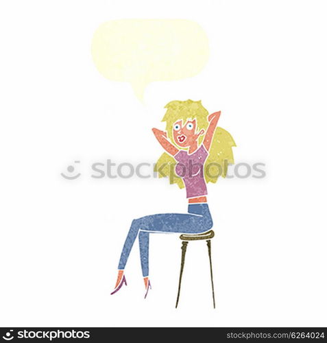 cartoon woman posing on stool with speech bubble