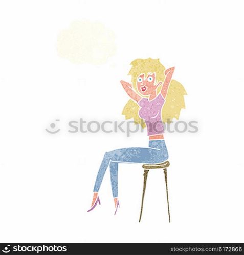 cartoon woman posing on stool with thought bubble