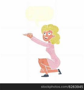 cartoon woman presentation gesture with speech bubble