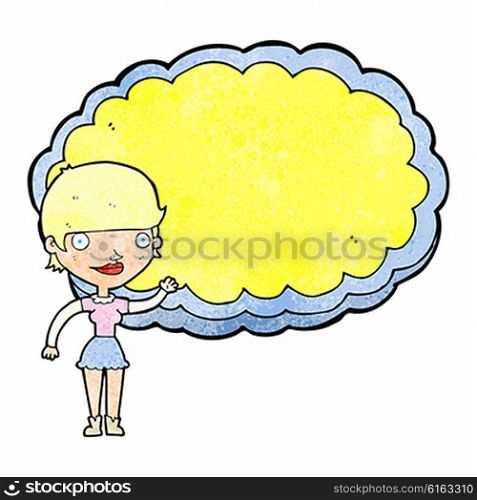 cartoon woman presenting cloud with space for text