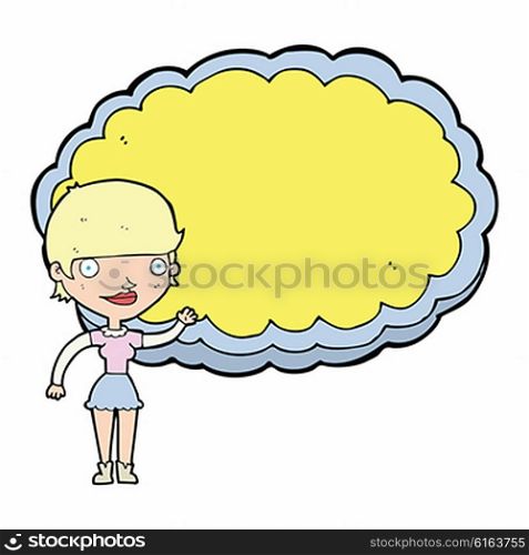 cartoon woman presenting cloud with space for text