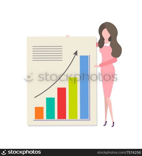 Cartoon woman presenting diagram with income growth. Vector pretty girl on high heels and growing graphs and charts, investments and financial profit. Cartoon Woman Presenting Diagram with Income