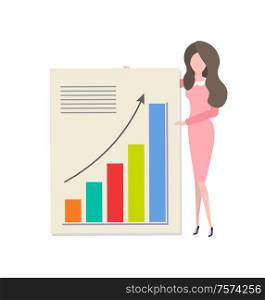 Cartoon woman presenting diagram with income growth. Vector pretty girl on high heels and growing graphs and charts, investments and financial profit. Cartoon Woman Presenting Diagram with Income