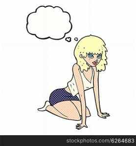 cartoon woman pulling sexy pose with thought bubble