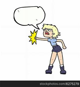 cartoon woman punching with speech bubble