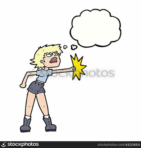 cartoon woman punching with thought bubble