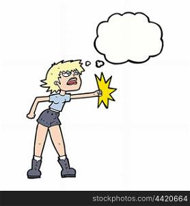 cartoon woman punching with thought bubble