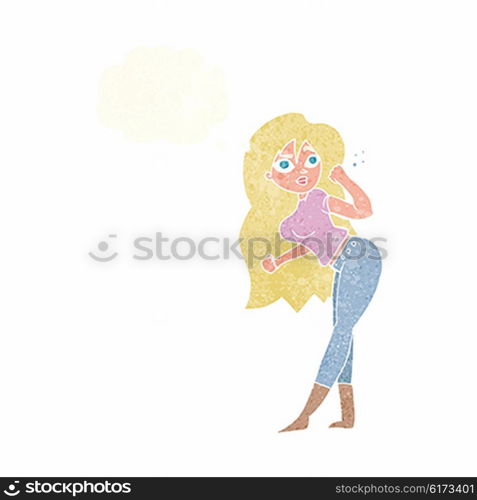 cartoon woman raising fist with thought bubble