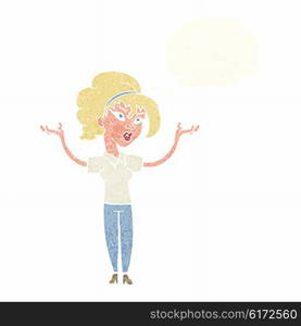 cartoon woman raising hands in air with thought bubble